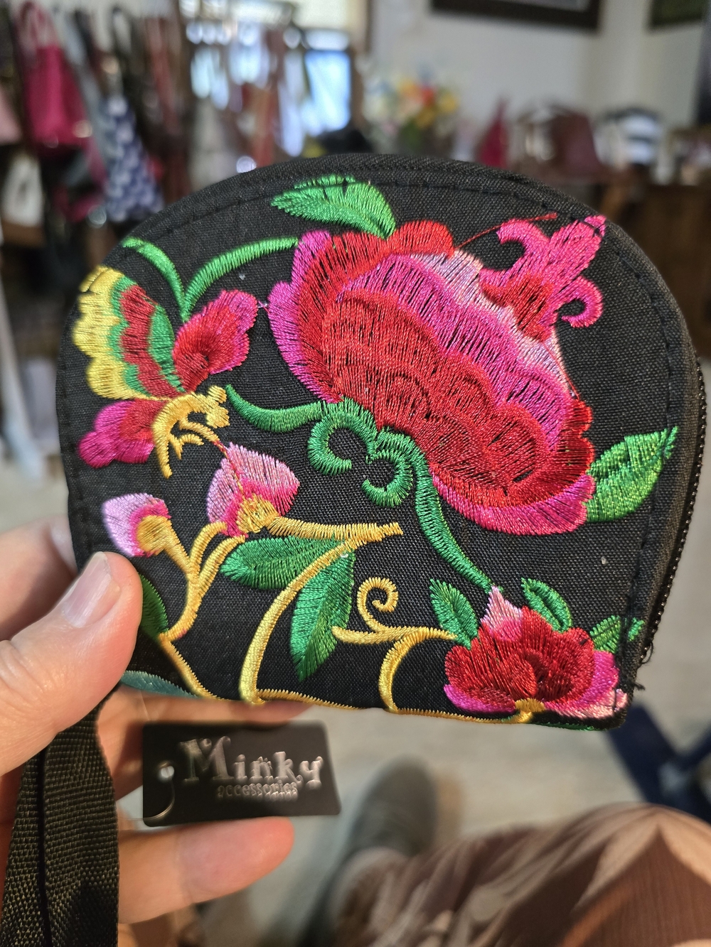 Embroidered Minky Floral Wristlet - Black with Pink & Red Flowers